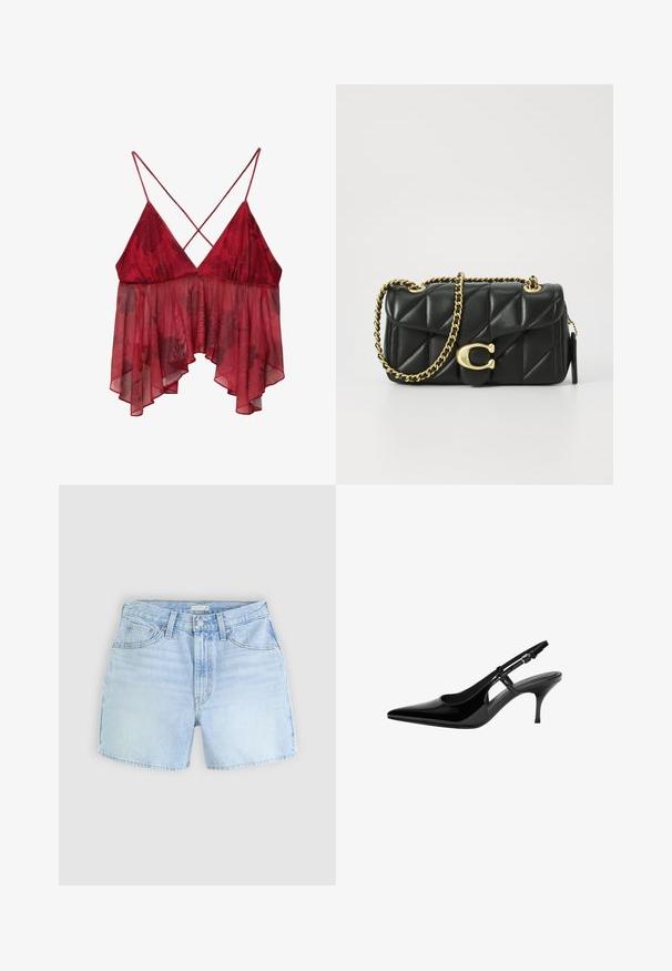 Rdeča prosojna cvetna majica na naramnice z obliko križa in tekočim asimetričnim robom.; Svetlo modri denim kratke hlače s petimi žepi, gumbom za zapiranje in rahlo razfrkanim robom. Tkanina ima mehak, teksturiran videz.; Črne patentne usnjene slingback čevlje s koničastim nosom, odprtimi stranskimi izrezi, ozkim petam in nastavljivim gležnjava.; Črna kviltana usnjena torbica z zlatim verižnim ročajem in zapiranjem z obročkom, ki ima okroglo okrasje. Kompaktna pravokotna oblika.
