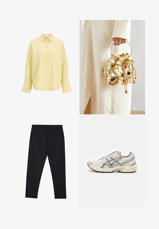Camisa de algodón amarilla con cuello puntiagudo, cierre de botones en la parte frontal, mangas largas y un corte relajado. Textura suave y diseño simple.; Leggings negros fabricados con material elástico, con una cintura alta y costuras planas. De longitud hasta el tobillo con una textura suave y mate.; Zapatos de correr con una parte superior de malla blanca transpirable, acentos plateados, cordones grises y una suela de goma negra duradera. Diseño ligero y acolchado.; Bolso de drawstring de lentejuelas doradas con un asa circular, que presenta brillantes lentejuelas redondas y una tela texturizada. No se proporcionan dimensiones.