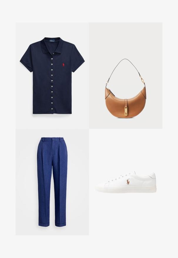 Mornarsko modra polo majica z gumbi spredaj, kratkimi rokavi in rdečim logotipom na levem prsnem delu. Izdelana iz teksturirane mešanice bombaža.; Modre lanene hlače z visokim pasom, nabranim sprednjim delom in manšetami. Imajo gladko teksturo in prilagojen dizajn za strukturiran videz.; Bela usnjena teniski čevlji, nizki model, z gladko teksturo, okrogle konice, vezavi spredaj ter majhnim vezenim logotipom na strani.; Torbica iz rjavega usnja s ukrivljeno obliko, z zlatimi dodatki in tankim naramnim trakom. Ima zadrgo za zapiranje in detajl logotipa na sprednji strani.