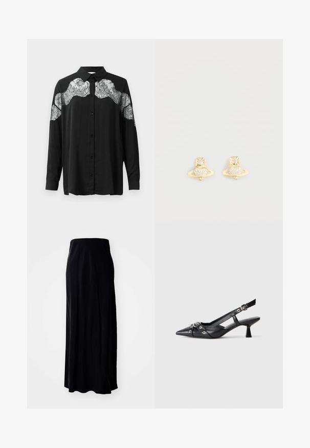 Schwarze Hemdbluse mit langen Ärmeln. Besitzt eine Spitzenauflage über den Schultern, die dem Stoff Textur und ein Musterkontrast verleiht.; Schwarzer Maxikleid aus weichem Stoff; hat eine gerade Silhouette, glatte Textur und einen leicht ausgestellten Saum.; Schwarzer Leder-Slingback-Schuh mit spitz zulaufender Zehenpartie, dekorativen Riemen mit METALLÖSEN und niedrigem Blockabsatz. Strukturelle Oberfläche.; Goldfarbene Ohrstecker mit einem Saturn-Design, das ein strukturiertes Band und eingebaute runde Kristalle für zusätzlichen Glanz aufweist.