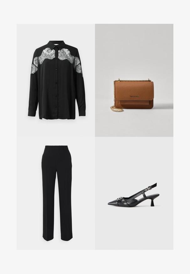 Black button-up shirt with long sleeves. Features a lace overlay across the shoulders, adding texture and pattern contrast to the fabric.; Black, straight-leg trousers with a smooth texture. Features a waistband and no visible patterns or accents. Classic and tailored design.; Black leather slingback shoe with a pointed toe, decorative straps featuring metal eyelets, and a low block heel. Textured surface.; Brown textured leather crossbody bag with gold chain strap and flap closure. Front features logo detail and a pocket under the flap.