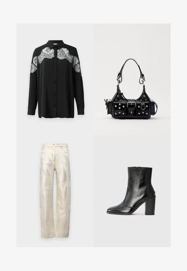 Černá košile na knoflíky s dlouhými rukávy. Obsahuje krajkovou vrstvu přes ramena, která dodává texturu a kontrast vzorů k látce.; Světle béžové široké džíny s metalickým leskem, vyrobené z denimu s hladkou TEXTURou a standardním pětipocket designem.; Černé kožené kotníkové boty s hladkou texturou, špičatou špičkou a robustním vysokým podpatkem. Mají boční otvor a minimalistický design.; Černá kožená kabelka s křivkovým designem, zdobená stříbrnými hřebíky, s přezkou a dvěma bočními kapsami. Nastavitelný popruh pro různé možnosti nošení.