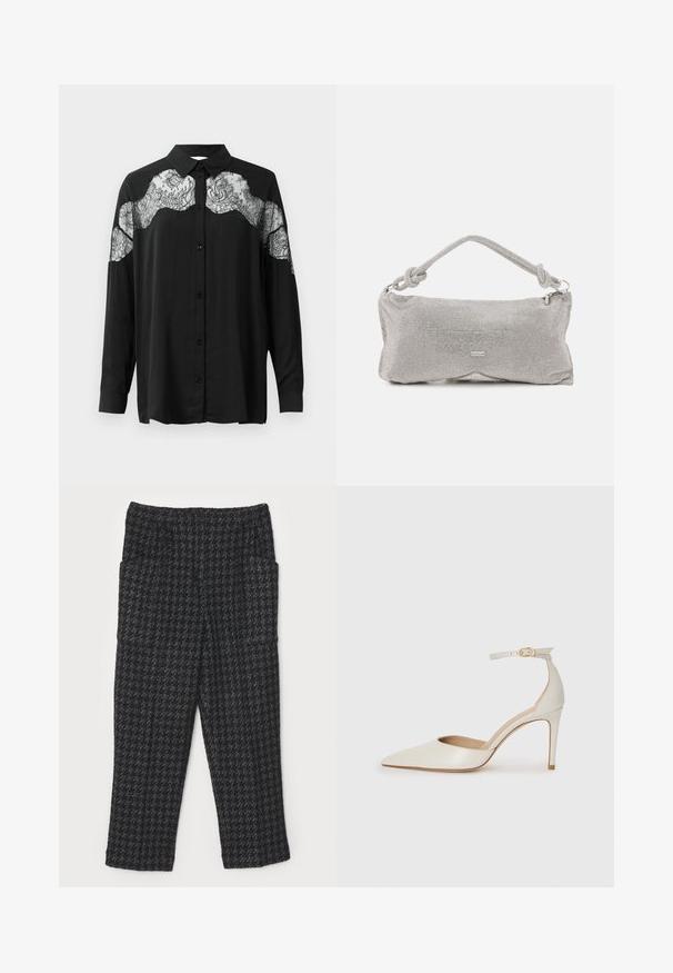 Čierna košeľa na gombíky s dlhými rukávmi. Obsahuje čipkovú aplikáciu cez ramená, čo pridáva textúru a kontrast vzoru k tkanine.; Čierne textúrované nohavice s károvaným vzorom, rovným strihom, elastickým pásom a dvoma bočnými vreckami.; Biele kožené topánky na vysokom podpätku s špicatou špičkou, remienkom okolo členka a štíhlym stiletto podpätkom. Hladký povrch s jemným lesklým povrchom.; Strieborná taška na rameno z kovovej siete, s uzlom na rúčke, zipsom na uzatváranie a geometrickým tvarom tela so hladkým povrchom.