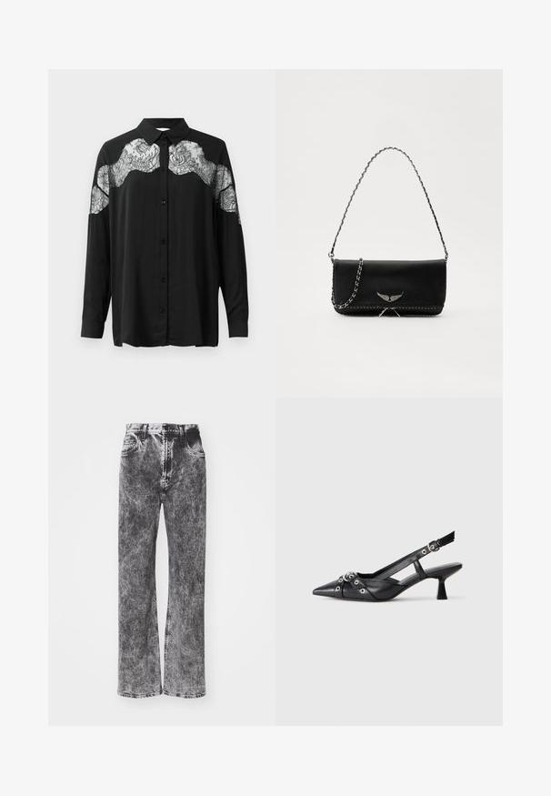 Fekete, hosszú ujjú ing. Csipke díszítés található a vállakon, ami textúrát és mintázatbeli kontrasztot ad az anyagnak.; Magas derekú, bőszárú farmernadrág fekete és szürke dézsmálással, öt zsebbel és kontrasztos varrással a szegély mentén.; Fekete bőr slingback cipő hegyes orral, dekoratív pántokkal, fém szemekkel és alacsony blokk sarkú. Texturált felület.; Fekete bőrtáska ezüstlánc pánttal, díszes szárnyakkal és fehér varrással az alsó varrat mentén.