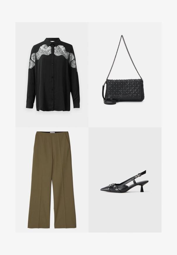 Czarna koszula z guzikami i długimi rękawami. Posiada koronkowy nakład na ramionach, co dodaje tekstury i kontrastu wzoru do tkaniny.; Oliwkowe szerokie spodnie z kieszeniami bocznymi i plisą z przodu, wykonane z gładkiego materiału przez Tiger of Sweden.; Czarne skórzane buty typu slingback z ostrym noskiem, ozdobnymi paskami z metalowymi oczkami oraz niskim klinowym obcasem. Teksturowana powierzchnia.; Czarna pikowana skórzana torba z łańcuszkiem, ozdobiona akcentami czaszki i zamkiem błyskawicznym. Teksturowana powierzchnia o błyszczącym wykończeniu.