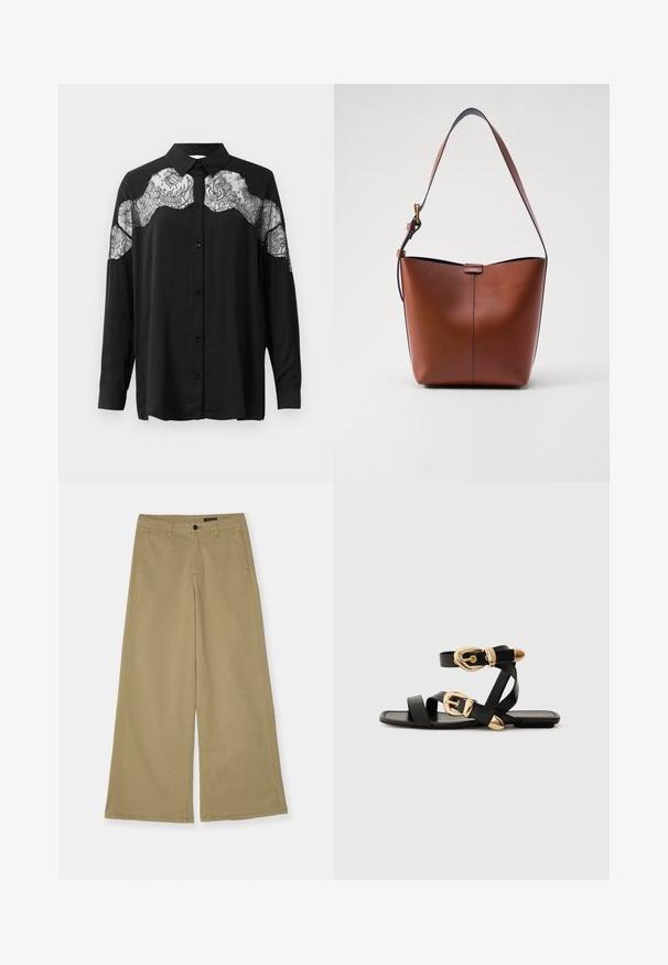 Črna srajca na gumbe z dolgimi rokavi. Opremljena je z čipkastim prekrivalom čez ramena, ki dodaja teksturo in kontrast vzorca na tkanini.; Khaki široke hlače iz bombaža, z gumbom za zapiranje, stranskimi žepi in vidnimi šivi. Gladka tekstura.; Črne usnjene sandale z zlatimi zaponkami, ki imajo več trakov in ravno podplati za nošenje brez prstov.; Brah nožna torba iz usnja s ukrivljenim oblikom, gladko teksturo in enim tankim trakovi. Ima subtilno šiv in majhno oznako.
