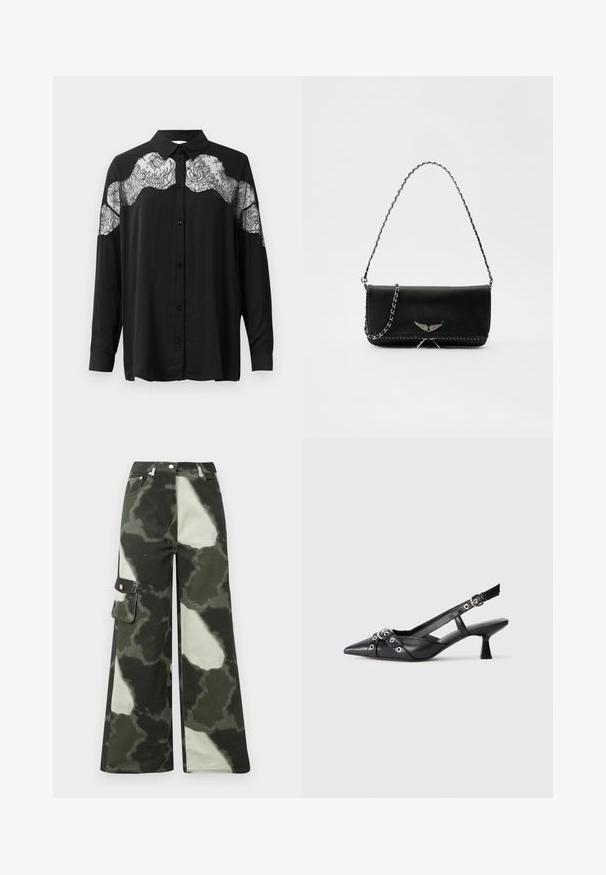 Black button-up shirt with long sleeves. Features a lace overlay across the shoulders, adding texture and pattern contrast to the fabric.; Wide-leg cargo pants in dark green and light gray camo pattern. Features side pocket and metal button, made from durable cotton material.; Black leather slingback shoe with a pointed toe, decorative straps featuring metal eyelets, and a low block heel. Textured surface.; Black leather handbag with a silver chain strap, featuring decorative wing accents and white stitching along the bottom seam.