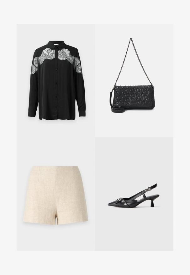 Melna krekls ar garām piedurknēm. Iezīmēts ar mežģīņu pārklājumu uz pleciem, pievienojot audumam faktūru un raksta kontrastu.; Beige linu augstās vidukļa šorti ar gludu tekstūru, ar diviem priekšējiem krokām un taisnu piegriezumu, minimālistisks dizains bez kabatām.; Melnas ādas šlipsveida kurpes ar norādītu purngalu, dekoratīvām joslām ar metāla acīm un zemu bloku papēdi. Teksturēta virsma.; Melnā iešūta ādas soma ar ķēdes siksnu, ar īkšķa akcentiem un ar rāvējslēdzēju. Tekstūrēta virsma ar spīdīgu apdari.