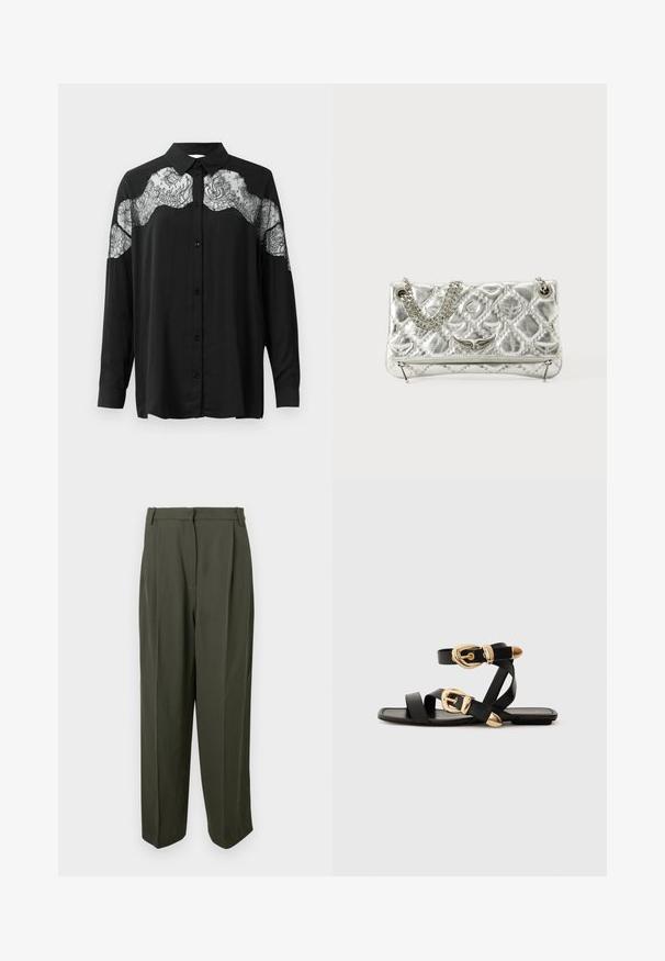 Zwarte overhemd met lange mouwen. Heeft een kanten overlay over de schouders, wat zorgt voor textuur en patrooncontrast met de stof.; Olijfgroene broek gemaakt van een gladde stof, met een hoge taille, geplooid voorpand en wijde pijpen. Geen zichtbare zakken of versieringen.; Zwarte leren sandaal met gouden gespaccenten, voorzien van meerdere banden en een vlakke zool voor open-teenschoen gebruik.; Zilverkleurige metalen handtas met kettinghandgreep, gequiltte textuur, decoratieve stiksels en een ritssluiting. Kenmerkt gegraveerde accenten aan de voorkant.