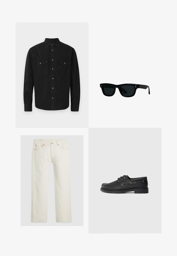 Schwarzes Hemd mit Knöpfen aus Baumwolle. Verfügt über einen Kragen, zwei Brusttaschen und eine vordere Knopfleiste. Lange Ärmel mit geknöpften Manschetten.; Schwarzes Baumwoll-T-Shirt mit kurzenÄrmeln, Rundhalsausschnitt und lockerer Passform. Glatte Textur und minimalistisches Design, ohne Muster oder Akzente.; Weiße Jeans aus Denim mit geradem Schnitt, silberner Knopfverschluss, orangen Nähten und fünf Taschen. Der Stoff hat eine glatte Textur.; Schwarze Lederbootsschuhe mit dicker Gummisohle, Schnürung vorne und dekorativen seitlichen Ösen auf einem einfarbigen hellgrauen Hintergrund.; Schwarze Sonnenbrille mit quadratischen Rahmen, dunklen Gläsern und glattem Kunststoffmaterial. Sie verfügt über kleine, runde Akzente auf der Vorderseite und schlanke Bügel.; Digitaler Casio-Uhr mit Edelstahlband. Schwarzes Zifferblatt zeigt Uhrzeit und Wochentag an, hat Tasten an der Seite und ist wasserdicht.