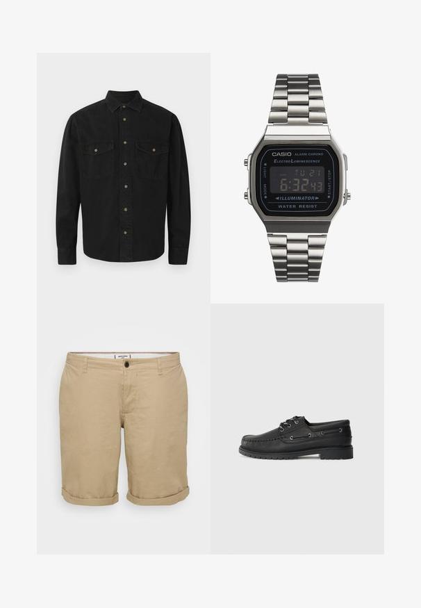 Černá košile na knoflíky vyrobená z bavlny. Obsahuje límeček, dvě náprsní kapsy a přední uzavření na knoflíky. Dlouhé rukávy s manžetami na knoflíky.; Světlé khaki šortky se rovnýcm střihem, vyrobené z bavlny. Mají jeden přední knoflík, boční kapsy a ohrnuté lemy.; Černá kožená loďková obuv s silnou gumovou podrážkou, šněrováním vpředu a dekorativními bočními dírkami na jednoduchém světle šedém pozadí.; Digitální hodinky Casio se stříbrným nerezovým páskem. Černý ciferník zobrazuje čas a den, má boční tlačítka a je voděodolný.