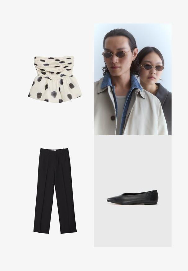 Bluzka w kolorze kremowym z plisowanym wzorem, zdobiona ciemnoszarymi i czarnymi plamkami w stylu akwareli. Miękka tkanina z rozszerzanym dołem.; Czarne spodnie o dopasowanym kroju ze prostymi nogawkami, z podwójnymi zaszewkami, gładką teksturą oraz subtelnymi detalami w postaci szwów z przodu.; Czarne baleriny z lakierowanej skóry, spiczasty nosek, minimalistyczny design, gładka faktura, niskie obcasy, bez widocznych elementów metalowych czy ozdób.; Okularzy przeciwsłonecznych w złotej oprawie z owalnymi soczewkami, noszone przez dwie osoby. Jedna ma na sobie beżowy płaszcz z dżinsowym kołnierzykiem; druga w ciemnej bluzce z kołnierzykiem.; Czarna skórzana torebka na dwa uchwyty, owalny kształt, gładka tekstura, subtelne logo oraz załączona etykieta w kształcie serca.