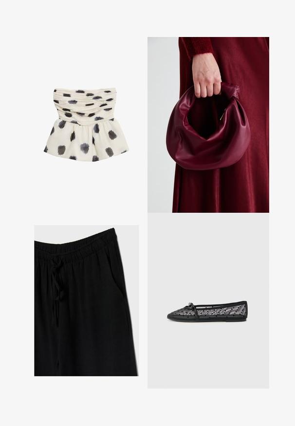 Crème-kleurige top met een geplooid ontwerp, voorzien van donkergrijze en zwarte aquarel stippenpatronen. Zachte stof met een uitlopende zoom.; Zwarte broek met een elastische tailleband en trekkoord, met een losse fit en zijzakken. Het materiaal lijkt zacht en lichtgewicht te zijn.; Zwarte ballerina gemaakt van gaas met een stippenpatroon. Beschikt over een slanke band en een ronde neus. Zachte zool en flexibel ontwerp.; Bordeaux leren handtas met een zacht, gegathered ontwerp en een ronde vorm. De handgreep is stevig bevestigd en toont een gladde textuur.
