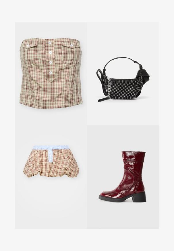 Top sin tirantes a cuadros en beige claro con patrón en marrón y verde. Cuenta con cuatro botones frontales y dos bolsillos en el pecho.; Pantalones cortos abullonados a cuadros en marrón, beige y rojo, con una cinturilla de rayas azul claro y detalles de botones en la parte delantera.; Botín de cuero burdeos brillante con punta redondeada, acabado texturizado y un tacón negro grueso, que presenta detalles de costura a lo largo de los lados.; Bolso de mano negro con adornos de tachuelas, una correa de cadena y un asa de cuero suave, con forma redondeada y compartimento con cremallera.