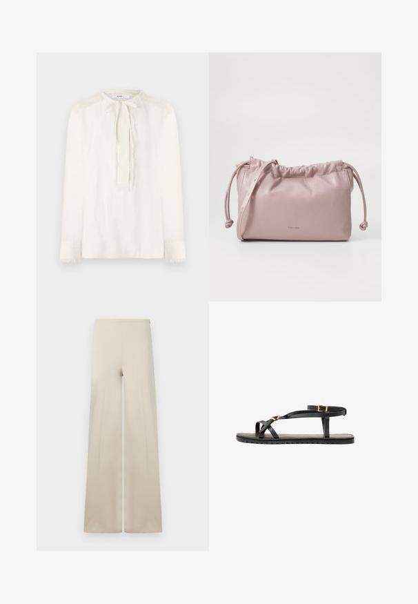 Hvit bluse med rund krage, knyttet detalj ved halsen og lange ermer. Har teksturerte frynse detaljer langs skuldrene og ermene.; Beige vide bukser laget av mykt stoff med en glatt tekstur. Har høy, elastisk midje for komfort og et rent, minimalistisk design.; Sorte lærsandaler med tynde stropper og en spænde om anklen. Flad sål med tekstureret overflade og zigzagkant. Minimalistisk design.; Dus rosa, glatt skinnveske med samlet topp, snørelukking og en tynn stropp. Har en subtil Calvin Klein-logo foran.