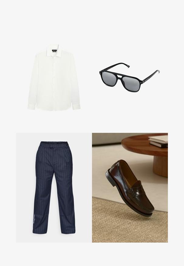 Biała koszula z długimi rękawami, z klasycznym kołnierzykiem, zapięciem na guziki i dopasowanymi mankietami. Gładki materiał o delikatnym połysku. Metka widoczna przy dekolcie.; Granatowe spodnie w prążki z elastycznym pasem, dwoma przednimi kieszeniami oraz haftowanym logo przy krawędzi. Gładka tekstura materiału.; Brązowe skórzane mokasyny o błyszczącym wykończeniu, z przeszyciem z przodu i niskoprofilową czarną gumową podeszwą.; Czarne okulary przeciwsłoneczne z prostokątnymi oprawkami, szarymi soczewkami i wycięciem w mostku. Gładki, błyszczący materiał plastikowy, z wąskimi zausznikami.