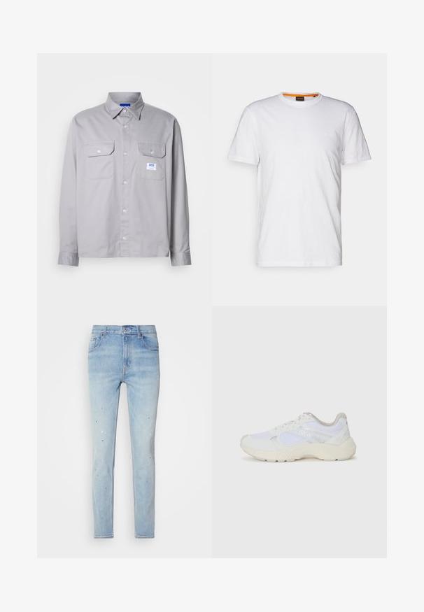 Camisa de manga larga gris de algodón, con cuello tipo cambray, dos bolsillos en el pecho y una pequeña etiqueta de marca en el bolsillo izquierdo.; Camiseta de algodón blanca con cuello redondo, mangas cortas y un sutil logo en relieve en el pecho. La etiqueta interior tiene un acento naranja.; Jeans de denim azul claro con un ajuste slim, que presentan detalles de salpicaduras de pintura y un diseño clásico de cinco bolsillos. Cierre de botón y cremallera.; Zapatillas deportivas blancas hechas de malla y ante, con una entresuela texturizada, acentos texturizados y el logo "HUGO" en el lateral.