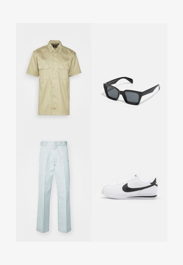 Trumpas rankovėmis, chaki spalvos mygtukinė marškinėliai su apykakle, dviem krūtinės kišenėmis ir mažu siuvinėjimu prie apatinės dalies. Lygi audinio tekstūra.; Šviesiai mėlynos medvilninės kelnės su tiesia kojos siluetu, su nežymiais raukšlių linijomis ir lygia tekstūra, užbaigtos standartiniu juosmeniu.; Baltos odinės sportinės bateliai su juodu Nike ženklų, plokščiomis raišteliais ir tekstūruotu guminiais padu. Suapvalintas pirštas ir paminkštintas apykaklė patogumui.; Juodos stačiakampės saulės akiniai su tamsiais lęšiais. Plastikinis rėmas su blizgiu paviršiumi, turintis plačią tiltelio dalį ir šiek tiek siaurėjančius šonus.