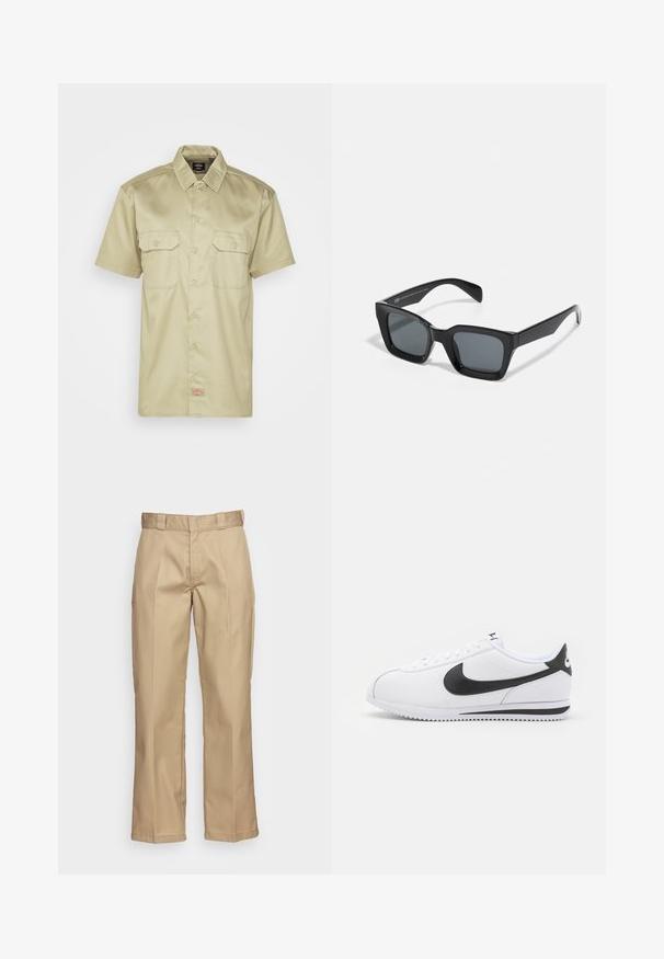 Rövid ujjú, khaki színű, gombos ing, gallérral, két mellzsebbel és egy kis hímezett logóval az alján. Simább anyag textúra.; Khad színű egyenes szárú nadrág, strapabíró anyagból készült, sima textúrával és dupla redőzött elülső résszel a részletgazdagság érdekében.; Fehér bőr sportcipők fekete Nike swoosh-szal, lapos fűzős rögzítéssel és texturált gumitalppal. Lekerekített orr és párnázott boka rész a kényelem érdekében.; Fekete téglalap alakú napszemüveg sötét lencsék. Műanyag keret fényes felülettel, széles híddal és enyhén kúpos szárakkal.