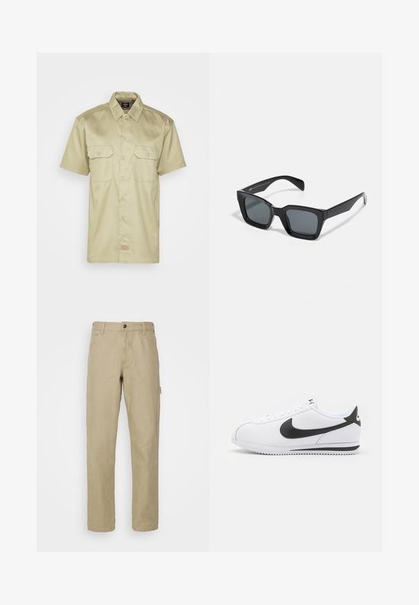 Korte mouwen, kaki knoop-overhemd met een kraag, twee borstzakken en een klein geborduurd logo aan de zoom. Glad stofoppervlak.; Beige katoenen broeken met een rechte pijp, voorzien van een frontknopen sluiting, vijf zakken en een zijcargo zak.; Witte leren sneakers met zwarte Nike swoosh, platte veters en een getextureerde rubberen zool. Ronde neus en gevoerde kraag voor comfort.; Zwarte rechthoekige zonnebril met donkere lenzen. Kunststof frame met een glanzende afwerking, met een brede neusbrug en licht taps toelopende pootjes.