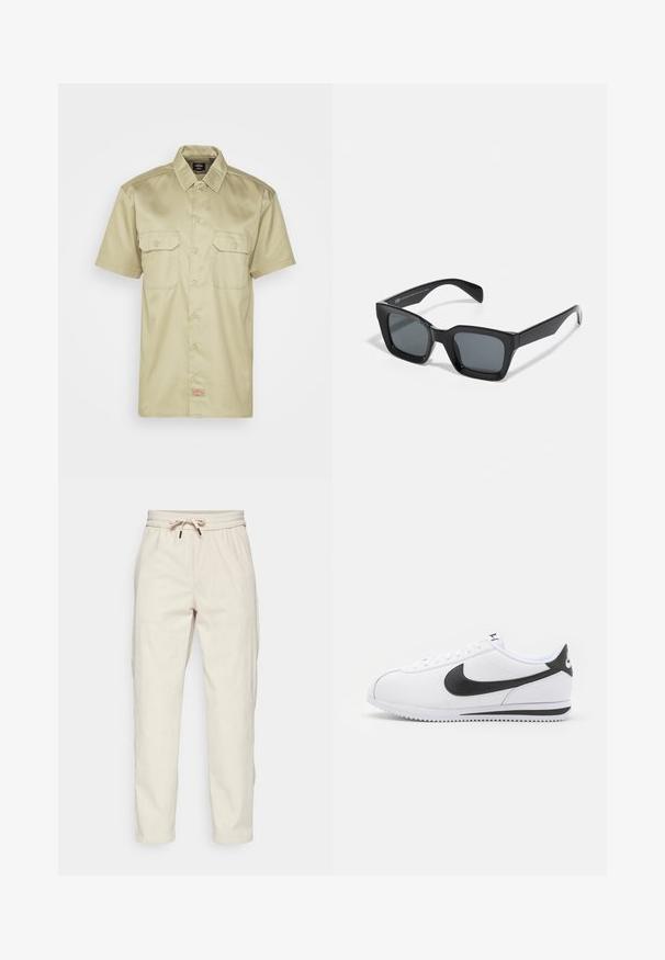 Kurzärmeliges, khaki Knopfhemd mit Kragen, zwei Brusttaschen und einem kleinen gestickten Logo am Saum. Glatte Stofftextur.; Helle beigetöne Cordhosen mit einem Kordelzugbund, Seitentaschen und einer lockeren Passform, mit gerippter Textur und schmal zulaufenden Beinen.; Weiße Ledersneaker mit schwarzem Nike-Swoosh, flachen Schnürsenkeln und strukturiertem Gummisohlen. Abgerundete Zehenpartie und gepolsterter Kragen für zusätzlichen Komfort.; Schwarze rechteckige Sonnenbrille mit dunklen Gläsern. Kunststoffrahmen mit glänzender Oberfläche, ausgestattet mit einer breiten Brücke und leicht verjüngten Bügeln.