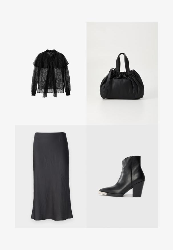 Juoda nėriniuota palaidinė su priekyje suveržtų kaspinu, ilgomis rankovėmis su surinktomis rankogaliais ir sluoksniuotu apykakle, sukurianti tekstūruotą, pusiau skaidrų dizainą.; Juodas satino šleifas sijonas su tiesiu kirpimu ir subtiliu blizgesiu. Pasižymi minkšta tekstūra ir vidutinio ilgio dizainu, su nedideliu šviesiu ties hemu.; Juodas odinis kulkšninis botas su smailiu pirštu, aukštu blokuotu kulnu ir sidabriniu piršto dangteliu. Lygus paviršius ir paprastas dizainas.; Juoda odinė rankinė su susiraukšlėjusiu viršumi, su dviem trumpomis rankenėlėmis ir ilga reguliuojama juosta. Lygus paviršius, apvalios formos.