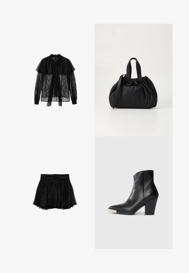 Blouse en dentelle noire avec un nœud à l'avant, des manches longues à poignets froncés et un col superposé, créant un design texturé et semi-transparent.; Jupe en dentelle noire avec un design plissé, dotée d'une taille ajustée et d'une doublure en tulle superposée pour plus de volume et de texture.; Bottines en cuir noir avec un bout pointu, un talon bloc haut et un détail en métal argenté sur le bout. Texture lisse et design simple.; Sac à main en cuir noir avec un design à haut froncé, doté de deux poignées courtes et d'une bandoulière longue et réglable. Texture lisse, forme arrondie.