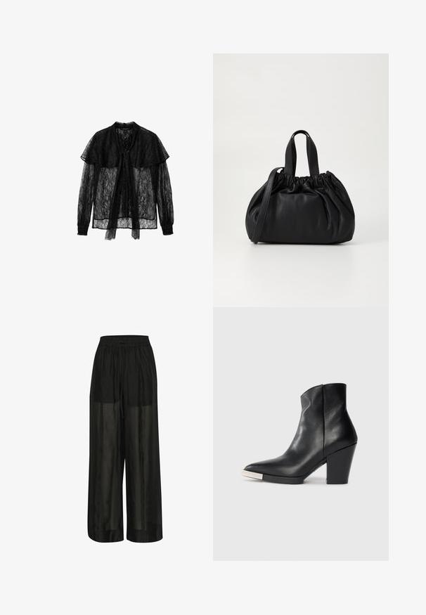 Black lace blouse featuring a bow tie front, long sleeves with gathered cuffs, and a layered collar, creating a textured, semi-transparent design.; Black wide-leg trousers made of sheer fabric, featuring an elastic waistband with a drawstring for adjustable fit and a smooth texture.; Black leather ankle boot with a pointed toe, high block heel, and silver toe cap detail. Smooth texture and simple design.; Black leather handbag with a gathered top design, featuring two short handles and a long adjustable strap. Smooth texture, rounded shape.
