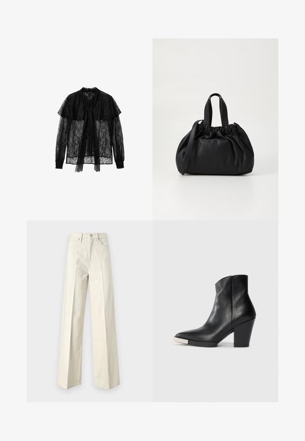Zwarte kanten blouse met een striksluiting aan de voorkant, lange mouwen met geplooide manchetten en een gelaagde kraag, wat zorgt voor een gestructureerd, semi-transparant ontwerp.; Wijdvallende jeans van off-white katoen denim. Heeft een hoge taille, sluiting met een knoop aan de voorkant en een klassiek vijf-pocket ontwerp met minimale stiksels.; Zwarte leren enkelboot met een spitse neus, hoge blokhak en zilveren teendopdetail. Glad oppervlak en eenvoudig ontwerp.; Zwarte leren handtas met een geplooid ontwerp aan de bovenkant, voorzien van twee korte handvatten en een lange verstelbare schouderband. Gladde textuur, ronde vorm.