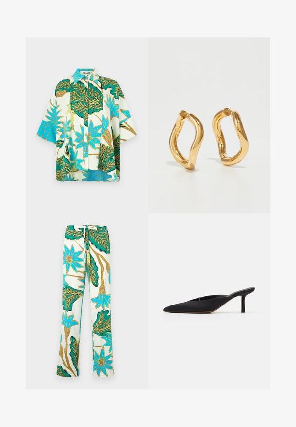 Korte mouwen bloemen overhemd met een levendige groen, blauw en witte bladerenprint, met een knoopsluiting aan de voorkant en een ontspannen pasvorm.; Bloemmotieven broek met blauwe bloemen en groene bladeren op een crèmekleurige achtergrond; het materiaal lijkt glad met een ontspannen pasvorm.; Zwarte muiltje met spitse neus en een strak ontwerp, gemaakt van gladde stof, met een slanke hak en open achterkant voor gemakkelijk aan- en uittrekken.; Gouden ovale oorbellen met een gebogen, onregelmatige vorm en een gladde, gepolijste textuur. Geen zichtbare hardware of accenten.