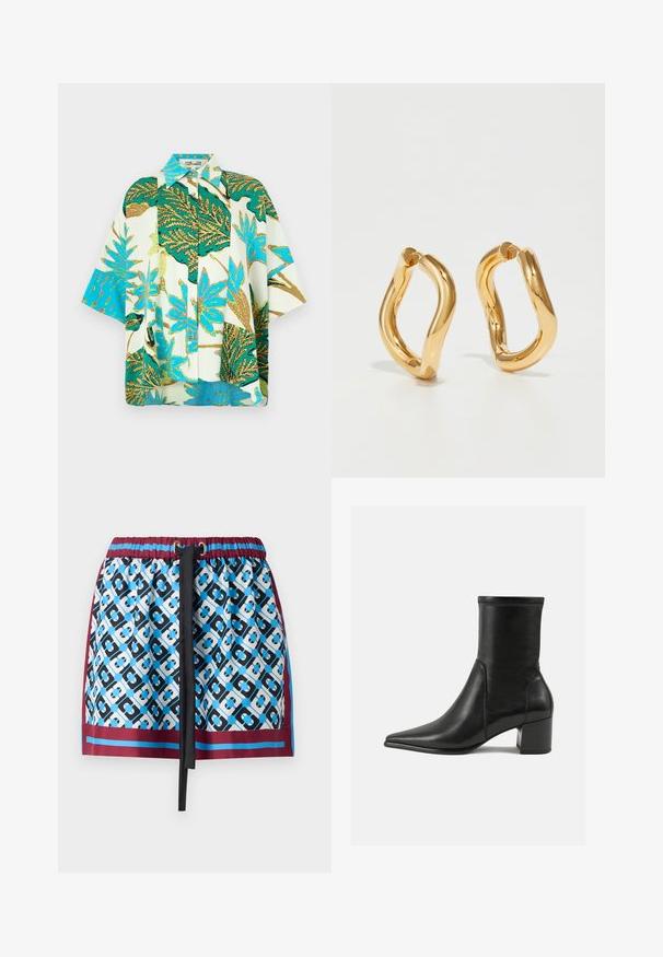 Rövid ujjú virágmintás ing élénk zöld, kék és fehér levélmintával, gombos előlappal és laza fazonnal.; Rövid szoknya kék és fekete geometrikus mintával, rugalmas derékpánttal, zsinórral, és bordó díszítéssel az alján.; Fekete, sima bőrből készült bokacsizma, hegyes orral, tömbsarkal, és a felső szélen megkülönböztető kiemelt varrással.; Aranyszínű karikafülbevalók íves, szabálytalan formával és sima, fényes felülettel. Nincsenek látható hardverek vagy díszítések.