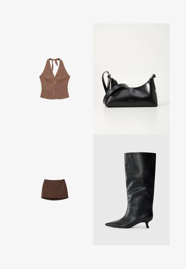 Top marrone a halter realizzato in tessuto testurizzato, con scollatura a V, chiusura frontale con bottoni e legatura al collo. Design del corpo aderente.; Gonna marrone realizzata in tessuto liscio, con un taglio dritto e una fessura laterale. Design semplice senza motivi o dettagli in metallo.; Stivale in pelle nera alto fino al ginocchio con punta affilata e tacco kitten basso, esposto su uno sfondo chiaro e semplice.; Borsa a tracolla nera in pelle con una texture liscia. Presenta una tracolla regolabile e un design elegante e minimalista con chiusura a zip.; Orologio in acciaio inossidabile argentato con cassa quadrata, quadrante bianco, display analogico e digitale, e bracciale a maglie metalliche. Design impermeabile.