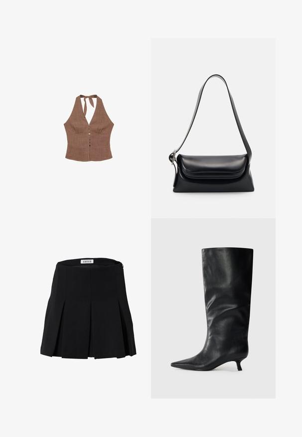 Top en halter marron en tissu texturé, avec un décolleté en V, des boutons sur le devant et une fermeture à nouer au cou. Design de corsage ajusté.; Jupe plissée noire à taille haute, fabriquée en tissu lisse. Dispose d'une fermeture éclair au dos et d'un design épuré et structuré.; Bottes en cuir noires jusqu'aux genoux avec un bout pointu et un petit talon, présentées sur un fond clair.; Sac à main en cuir noir avec une forme structurée, une texture lisse et une seule bandoulière. Présente un design de rabat arrondi et subtil.; Montre en acier inoxydable argenté avec un boîtier carré, un cadran blanc, un affichage analogique et numérique, et un bracelet en maillons métalliques. Conception étanche.