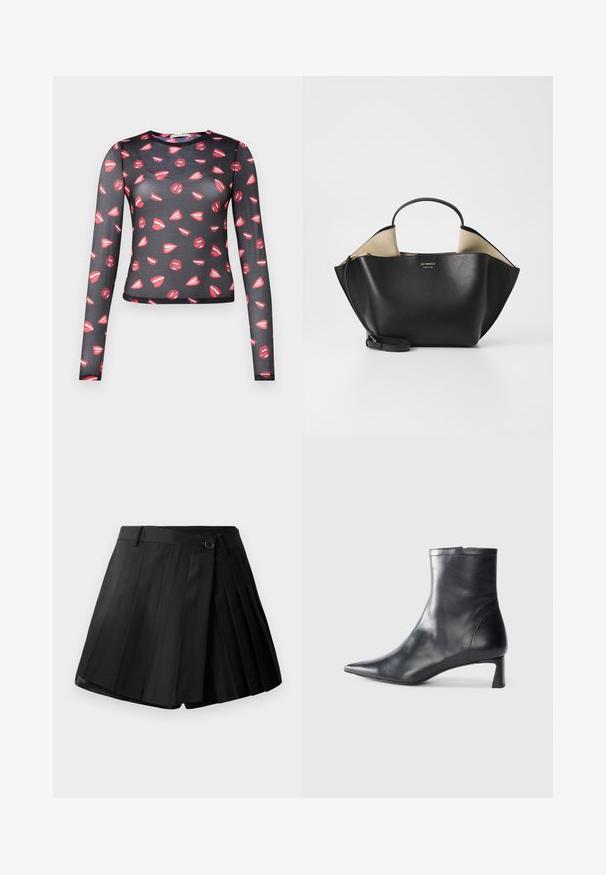 Dolga prosojna črna majica z dolgimi rokavi, ki vsebuje ponovljen vzorec rdečih ustnic z belimi poudarki, prilegajoč dizajn in okroglo izrez.; Črne nabirane kratke hlače z ravnim sprednjim delom, z gumbom za zapiranje in lahkim materialom. Podrobno so obdelane z ostrimi nabirki in čistim robom.; Črne usnjene gležnjarje s šiljastim nosom in elegantnim dizajnom. Imajo nizko peto in zadrgo na zadnji strani. Gladka tekstura.; Ree Projects ANN TOTE MINI - Torbica - black