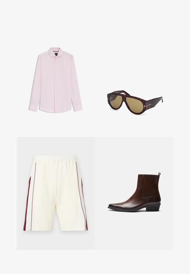 Light pink long-sleeve shirt made from smooth fabric, featuring a classic collar, front button closure, and slightly rounded hem.; Light cream shorts with an elastic waistband, featuring maroon side stripes and a smooth texture, hemmed at the legs.; Brown leather ankle boot with a pointed toe, elastic side panels, textured detailing on the front, and a low stacked heel.; Tom Ford BRONSON - Sunglasses - dark havana; Burgundy tie featuring a diagonal pattern of blue lines and small yellow and black crest designs. Textured fabric with a pointed tip.; Brown leather tote bag with dual handles, adjustable shoulder strap, and front pocket. Textured surface with subtle variations in color.