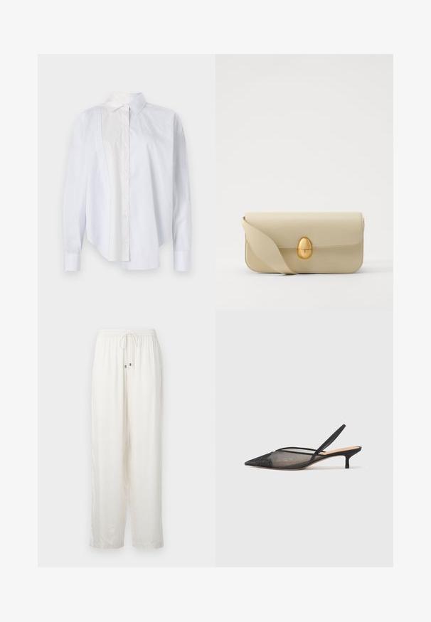 Pruhovaná košile na knoflíky ve světle modré a bílé, s kontrastní jednobarevnou bílou látkou na jedné straně, klasickým límcem a dlouhými rukávy.; Bílé, lehké, volné kalhoty s elastickým pasem a šňůrkou. Mají jemný lesk a rovný střih nohavic.; NEOUS IRENA - Klasické lodičky - black; Krémová kožená kabelka s hladkým povrchem, obdélníkovým tvarem a zlatým oválným uzávěrem. Disponuje dlouhým, nastavitelným popruhem.