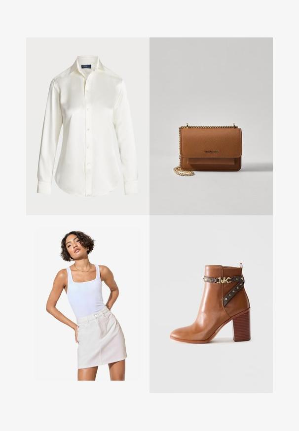 Camisa blanca de manga larga y botones, hecha de una tela suave, con un cuello clásico y un brillo sutil, con un dobladillo redondeado y detalles de botones.; Top blanco sin mangas con escote cuadrado, combinado con una mini falda de mezclilla beige claro, que cuenta con bolsillos frontales y detalles de costura sutiles.; Botín de piel marrón con tacón de bloque apilado, correa lateral con remaches dorados y un hebilla con el logo "MK" en dorado.; Bolso crossbody de cuero texturizado marrón con correa de cadena dorada y cierre de solapa. La parte frontal presenta un detalle de logo y un bolsillo debajo de la solapa.