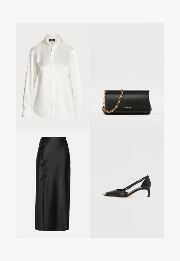 White long-sleeve button-up shirt, made of smooth fabric, featuring a classic collar and subtle shine, with a rounded hem and button details.; Anna Field MIDI SKIRT - Pencil skirt - black; Black leather kitten heel with pointed silver toe cap and dual buckle straps on a white background.; Black leather clutch bag with a gold chain strap, featuring a smooth texture, rectangular shape, and embossed branding on the front.