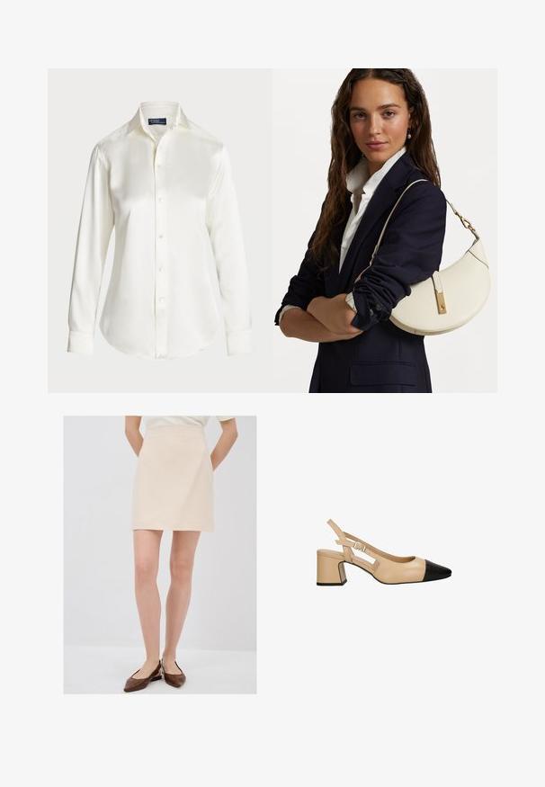 Witte lange mouwen overhemd met knopen, gemaakt van een gladde stof, met een klassieke kraag en subtiele glans, met een ronde zoom en knoopdetails.; Lichtbeige mini-jurk met een gestructureerde afwerking, een gestroomlijnde silhoutte en een tailleband, gecombineerd met bruine instappers.; Beige slingback hak met een zwarte lakleder teenkap, vierkante blokhak en een verstelbare band met gesp. Gladde textuur overal.; Witte leren handtas met een ronde vorm, gouden details en een gestructureerde afwerking, gedragen over een donkere blazer en een wit shirt.