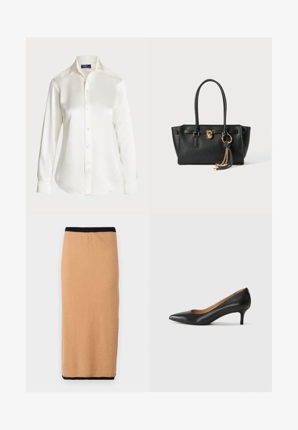 Balta ilgomis rankovėmis marškiniai su sagomis, pagaminti iš glotnaus audinio, su klasikinio tipo apykakle ir subtiliu blizgesiu, su apvaliu kraštu ir sagų detalėmis.; Keliu ilgio, dykumos spalvos megzta sijonas su juodu elastingu juosmeniu ir lygiu paviršiumi. Paprastas dizainas, be matomų raštų ar akcentų.; Juodos odinės aukštakulnės bateliai su smailiu nosiu, žemu kulnu ir lygiu paviršiumi. Priekyje yra nedidelis atvirumas, o gale minimalus apdaila.; Juoda odinė rankinė su dviem rankenomis, auksiniu užraktu ir grandinėlės detale, bei juodai baltu kutu prieš baltą foną.