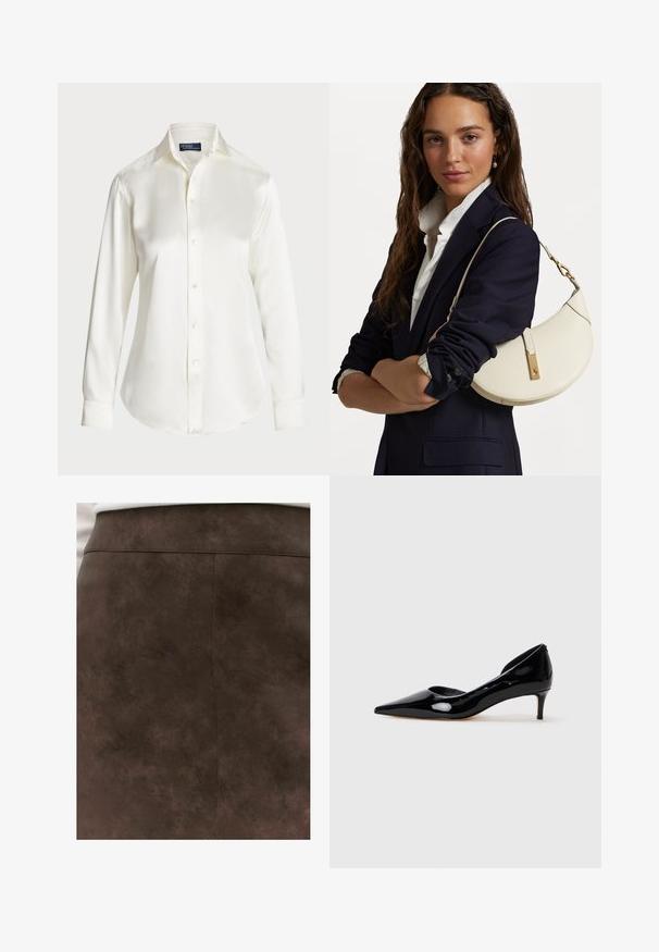 Witte lange mouwen overhemd met knopen, gemaakt van een gladde stof, met een klassieke kraag en subtiele glans, met een ronde zoom en knoopdetails.; Brown faux leren rok met een gladde textuur, gekenmerkt door een eenvoudig ontwerp en zichtbare stiksels langs de naden.; Zwarte lakleren damespuntige kitten heel schoenen met lage hak, weergegeven in profiel op een effen lichtgrijze achtergrond.; Witte leren handtas met een ronde vorm, gouden details en een gestructureerde afwerking, gedragen over een donkere blazer en een wit shirt.