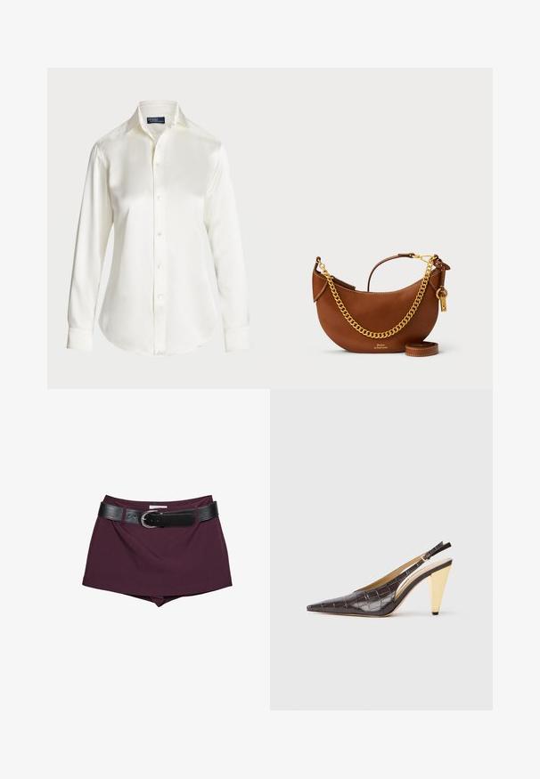 Weißes Langarm-Hemd mit Knopfleiste, aus glattem Stoff gefertigt, mit klassischem Kragen und sanftem Glanz, abgerundetem Saum und Knopfdetails.; Bordeauxfarbene Shorts mit einem schwarzen Ledergürtel. Das Design zeichnet sich durch eine glatte Textur und eine taillierte Form aus, mit einem breiten, schnallengesicherten Gürtel.; Spitz zulaufender Slingback-Absatzschuh aus glänzendem, dunkelbraunem Kunstcrocodilleder. Verfügt über einen goldfarbenen geometrischen Absatz und einen verstellbaren Knöchelriemen.; Braune Lederhandtasche mit geschwungenem Design, goldener Kettenriemen, Innentasche und abnehmbarem Schulterriemen. Mit kontrastierenden Nähten.