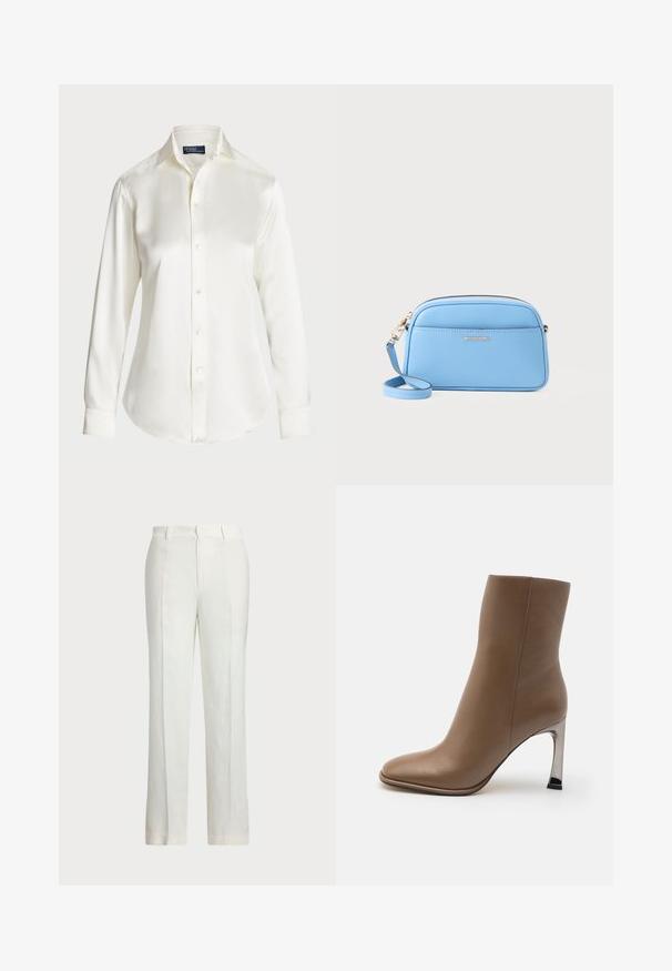 Balta ilgomis rankovėmis marškiniai su sagomis, pagaminti iš glotnaus audinio, su klasikinio tipo apykakle ir subtiliu blizgesiu, su apvaliu kraštu ir sagų detalėmis.; Balti lininiai kelnių su tiesiomis kojomis, turinčios plokščią priekį, dvi šonines kišenes ir subtilų tekstūruotą audinį.; MICHAEL Michael Kors KELSEA BOOTIE - Aukštakulniai aulinukai - driftwood; Šviesiai mėlyna odinė per Petį nešama rankinė su auksinės spalvos detalėmis, užtrauktuko uždarymu ir priekinėmis kišenėmis. Yra reguliuojama dirželis patogumui.