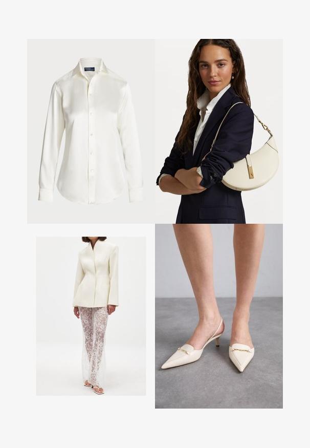 Weißes Langarm-Hemd mit Knopfleiste, aus glattem Stoff gefertigt, mit klassischem Kragen und sanftem Glanz, abgerundetem Saum und Knopfdetails.; Weißer strukturierter Blazer mit scharfem Kragen, kombiniert mit langen durchsichtigen Spitzenhosen mit floralen Mustern und einer figurbetonten Silhouette.; Cremefarbene Slingback-High Heels mit spitzer Zehenpartie und schlankem mittelhohem Absatz, ausgestattet mit einem goldenen Kettenakzent auf dem Vorderblatt und aus glattem Leder.; Weißes Lederhandtasche mit geschwungener Form, goldenen Beschlägen und strukturiertem Finish, getragen über einem dunklen Blazer und einem weißen Hemd.