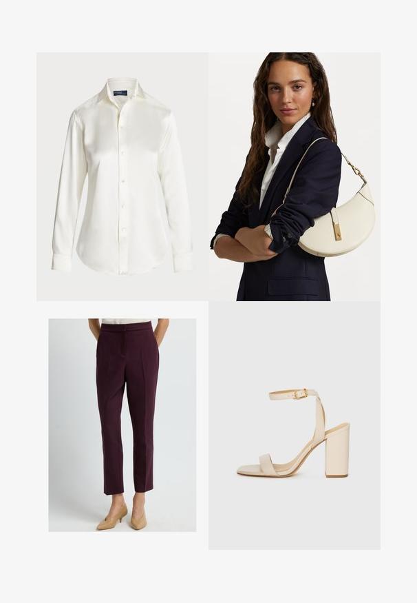 White long-sleeve button-up shirt, made of smooth fabric, featuring a classic collar and subtle shine, with a rounded hem and button details.; Woman wearing tailored burgundy ankle-length trousers and beige low-heeled pointed-toe shoes, standing against a plain background.; Beige high-heeled sandal with a square toe, thin ankle strap, and block heel. Smooth leather texture with a gold buckle detail.; White leather handbag with a curved shape, gold hardware, and a textured finish, worn over a dark blazer and white shirt.