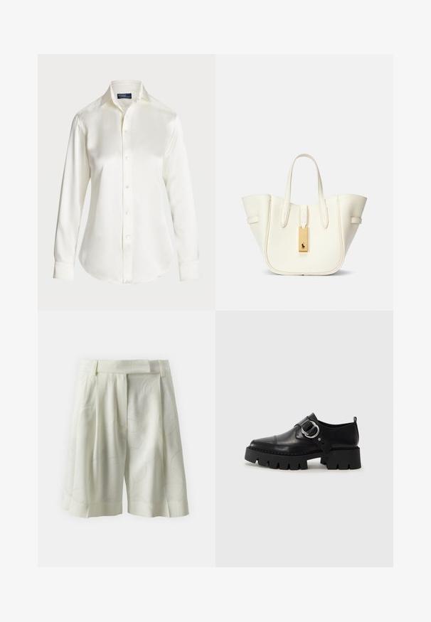 Balta ilgomis rankovėmis marškiniai su sagomis, pagaminti iš glotnaus audinio, su klasikinio tipo apykakle ir subtiliu blizgesiu, su apvaliu kraštu ir sagų detalėmis.; Klostuoti šortai šviesiai ivoro spalvos audiniu su subtiliu abstrakčiu raštu. Yra plokščias liemuo ir laisvas įsiliejimas, idealiai tinka šiltam orui.; Juodos odinės bateliai su masyviu, grioveliuotu padu, su apvaliu sidabro detalės akcentu ir minimaliais siuvimo elementais.; Balta odinė rankinė su struktūrizuota forma, ryškiu siuvimu, auksine detale ir dviem rankenomis. Tekstūruotas paviršius su šoninėmis kišenėmis.