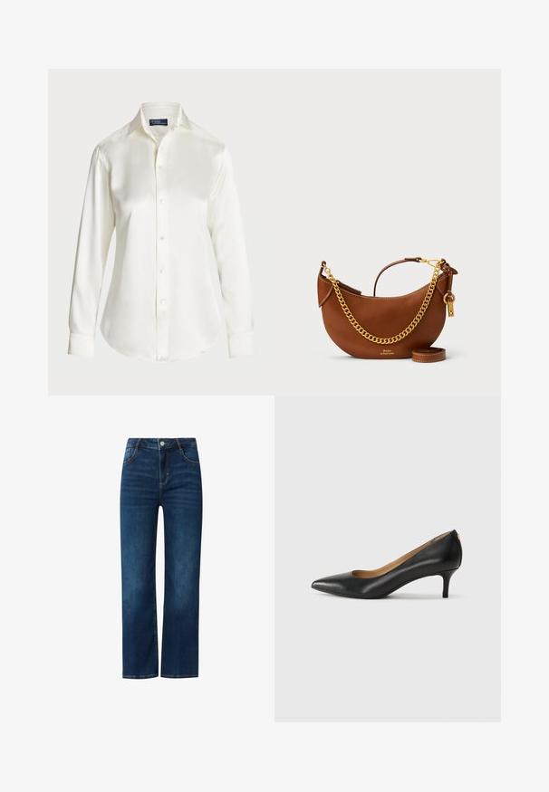 Camicia bianca a maniche lunghe, con bottoni, realizzata in tessuto morbido, caratterizzata da un colletto classico e una leggera lucentezza, con orlo arrotondato e dettagli con bottoni.; Jeans in denim blu con design a gamba dritta, dotati di zip frontale, cinque tasche e cuciture a contrasto. Texture liscia, lavaggio medio.; Décolleté in pelle nera con punta affilata, tacco basso e texture liscia. Presenta un leggero apertura sulla parte anteriore e hardware minimale sul retro.; Borsa a mano in pelle marrone con un design curvo, tracolla in catena dorata, tasca interna e tracolla rimovibile. Presenta cuciture a contrasto.