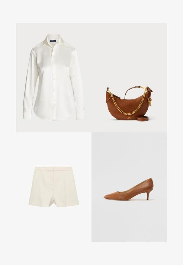 White long-sleeve button-up shirt, made of smooth fabric, featuring a classic collar and subtle shine, with a rounded hem and button details.; Cream-colored shorts with a tailored fit, featuring a smooth texture, flat front, and subtle pleats. Simple design with no embellishments.; Lauren Ralph Lauren ADRIENNE - Classic heels - deep saddle tan; Brown leather handbag with a curved design, gold chain strap, interior pocket, and a detachable shoulder strap. Features contrasting stitching.