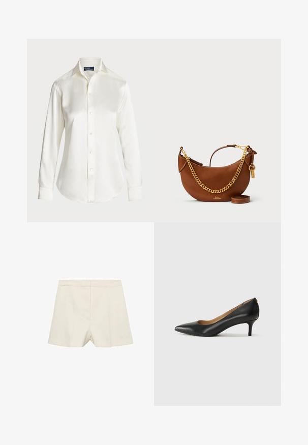 Witte lange mouwen overhemd met knopen, gemaakt van een gladde stof, met een klassieke kraag en subtiele glans, met een ronde zoom en knoopdetails.; Crèmekleurige shorts met een getailleerde pasvorm, voorzien van een zachte textuur, vlakke voorkant en subtiele plooien. Eenvoudig ontwerp zonder versieringen.; Zwarte leren pump met een puntige teen, lage hak en een gladde textuur. Heeft een lichte opening aan de voorkant en minimale hardware aan de achterkant.; Bruine leren handtas met een gebogen ontwerp, gouden schouderband, binnenzak en een afneembare schouderband. Heeft contrasterende stiksels.