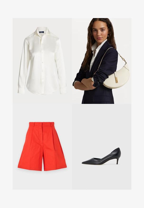 Weißes Langarm-Hemd mit Knopfleiste, aus glattem Stoff gefertigt, mit klassischem Kragen und sanftem Glanz, abgerundetem Saum und Knopfdetails.; Rote Baumwoll-Shorts mit hoher Taille, die Falten und einen weit geschnittenen Stil aufweisen. Glatte Textur und klare Linien. Keine Taschen oder Verzierungen.; Schwarzer Pumps aus Leder mit spitzer Zehenpartie und niedrigem Absatz. Verfügt über eine glatte Textur und dezenten Glanz. Vordere Öffnung für ein zusätzliches Detail.; Weißes Lederhandtasche mit geschwungener Form, goldenen Beschlägen und strukturiertem Finish, getragen über einem dunklen Blazer und einem weißen Hemd.